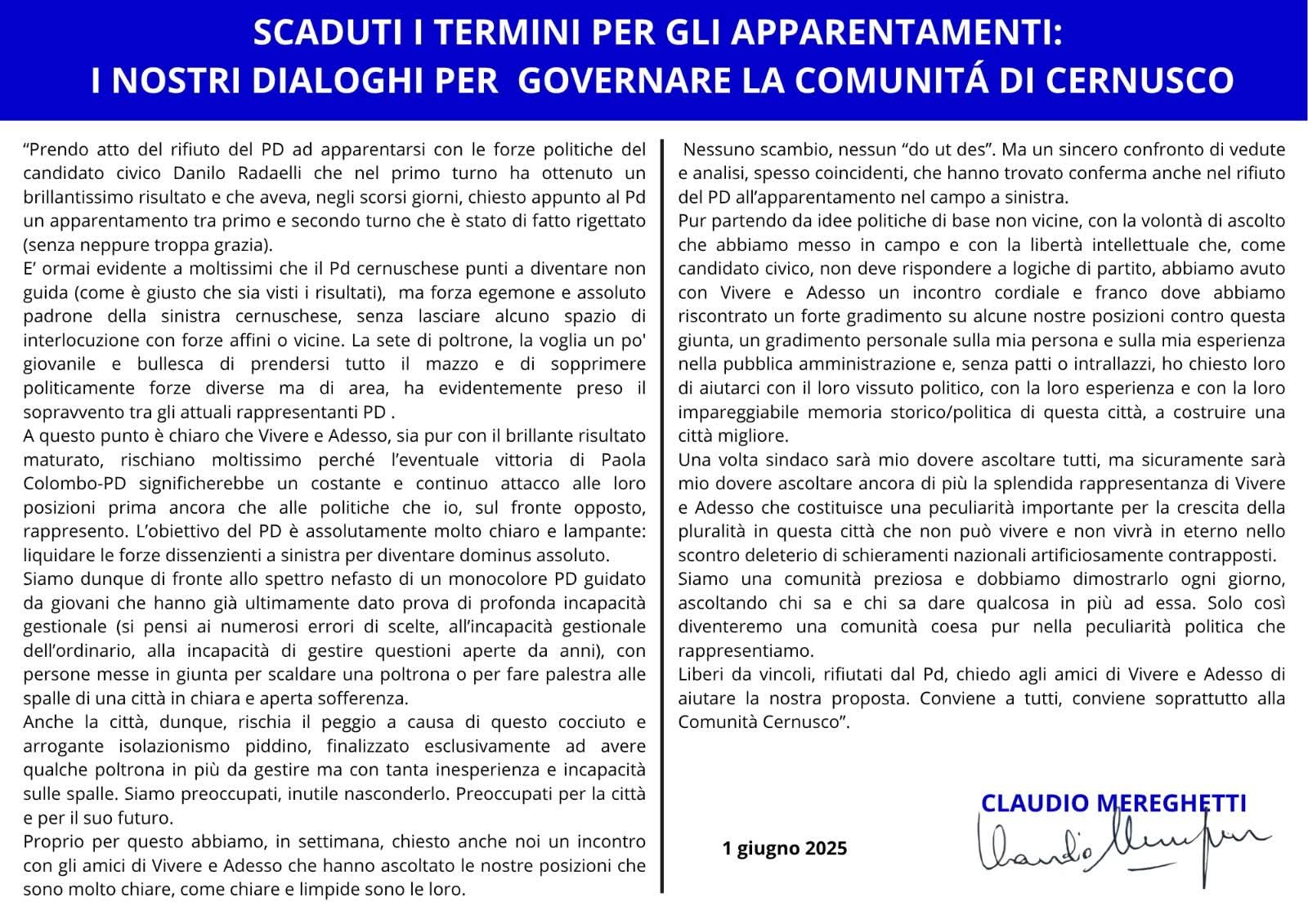 Scaduti i termini per gli apparentamenti: i nostri dialoghi per governare la comunità di Cernusco